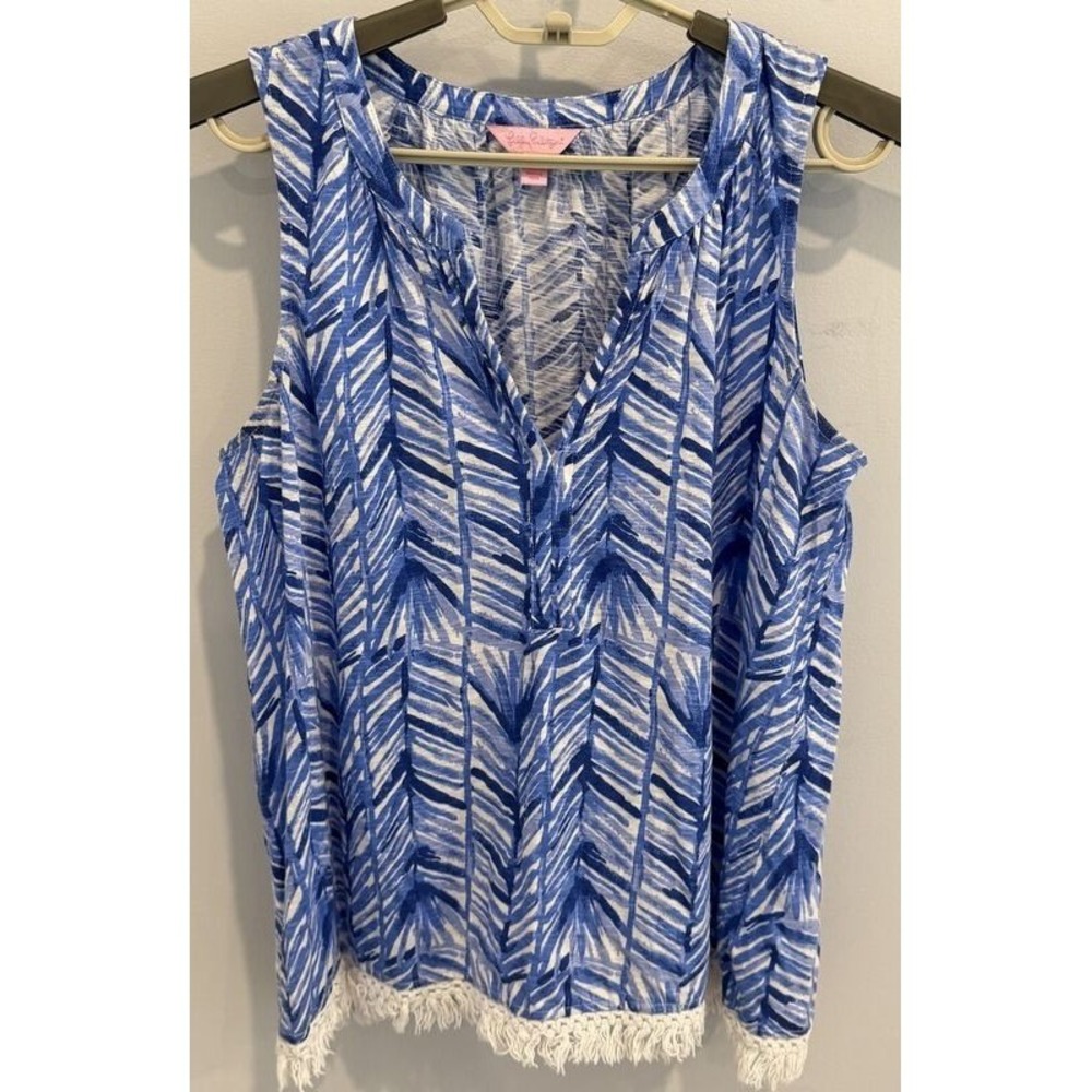 Lilly Pulitzer Fringe Trim Kipper Tank Lapis Blue Costa Verde Cotton Size M‎